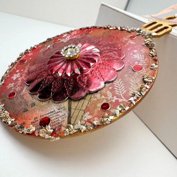 Handcrafted OOAK Red Medallion Ornament With Collage Design Floral Embellishment - Picture 5 of 10